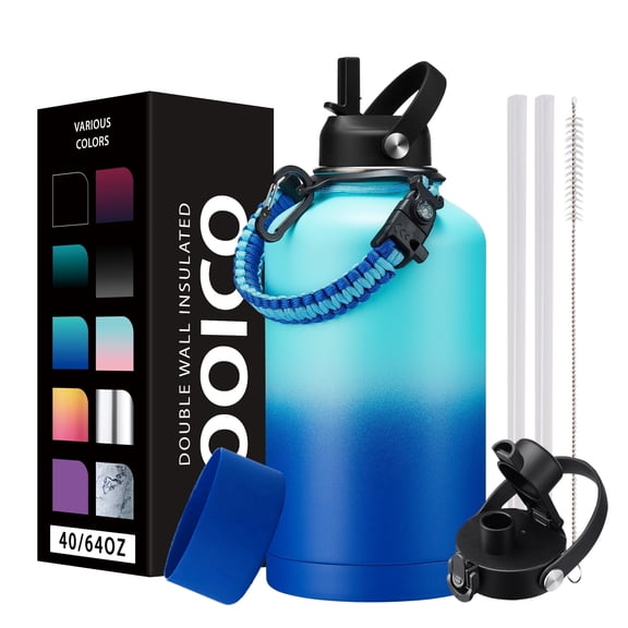 Half-Gallon Insulated Water Bottle 64oz - with Straw Spout Lids,Metal Sports Water Jug Cold 48H Hot 24H,Stainless Steel Water Flask with Paracord-Handle