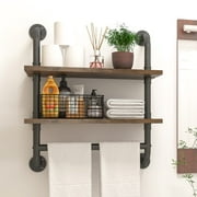 Homaterial Industrial Pipe Shelving with Towel Bar, 2 Tier 24 inch Rustic Industrial Wall Shelves Bathroom Shelves Over Toilet for Storage