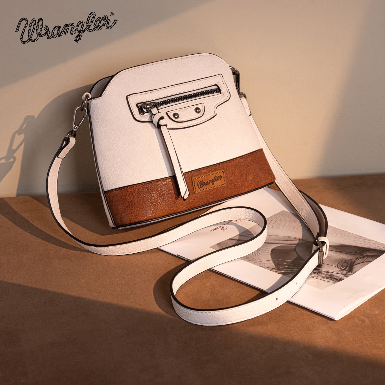Wrangler Small Crossbody Bags for Women Shoulder Cute Purses and Handbags with Adjustable Strap, Beige-Black