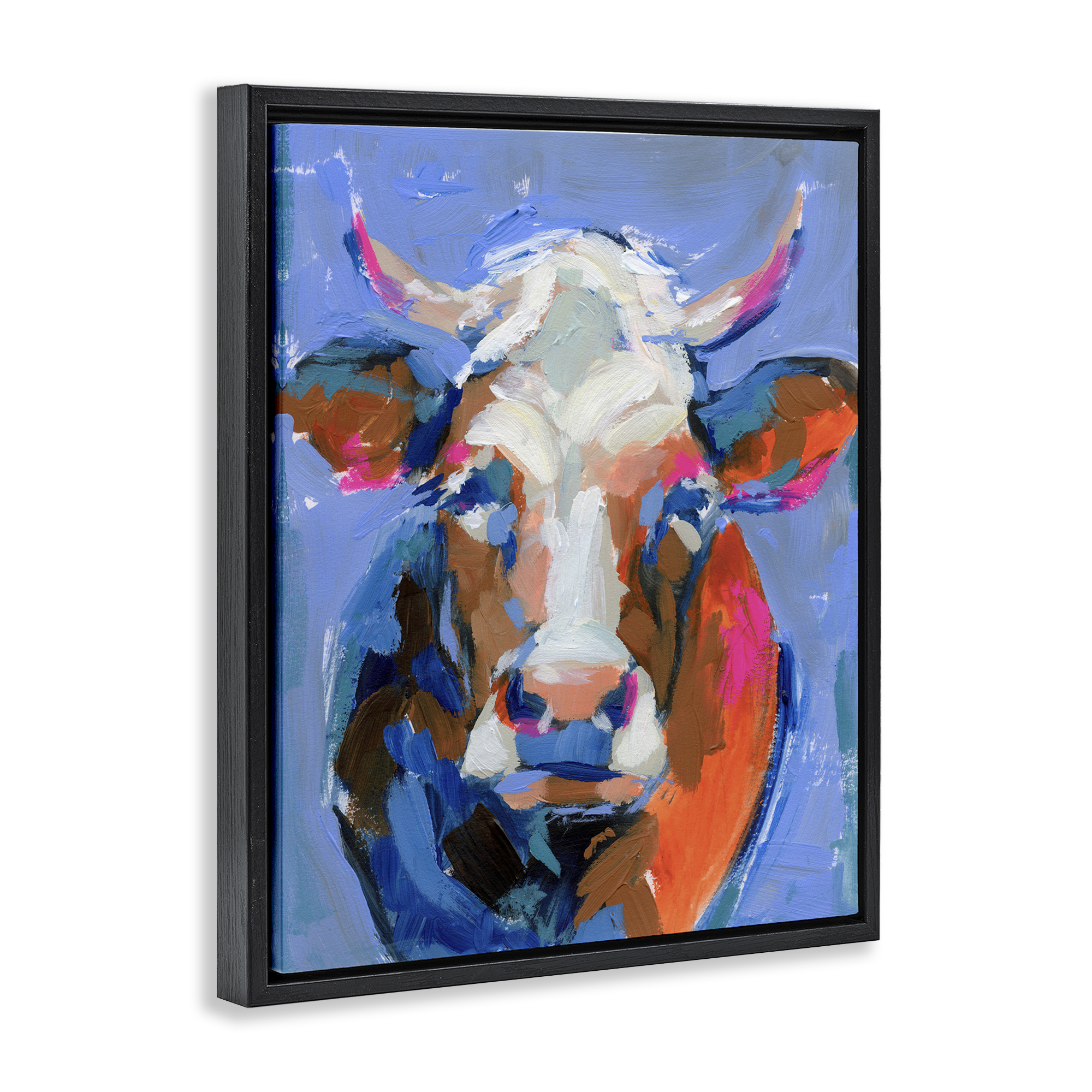 Stupell Industries Bold Paint Strokes Cow Animals & Insects Painting Black Floater Framed Canvas Art Print Wall Art, 17 x 21
