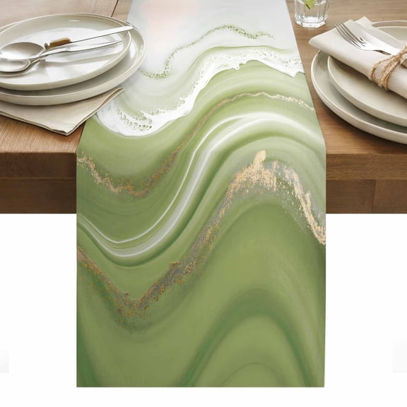 Green Abstract Table Runner - 108 Inch Long, Kitchen Dining Table Runner Dresser Scarves, Waves Gradient Water Ripple Striped Farmhouse Decor for Coffee Tables Wedding Party Banquet