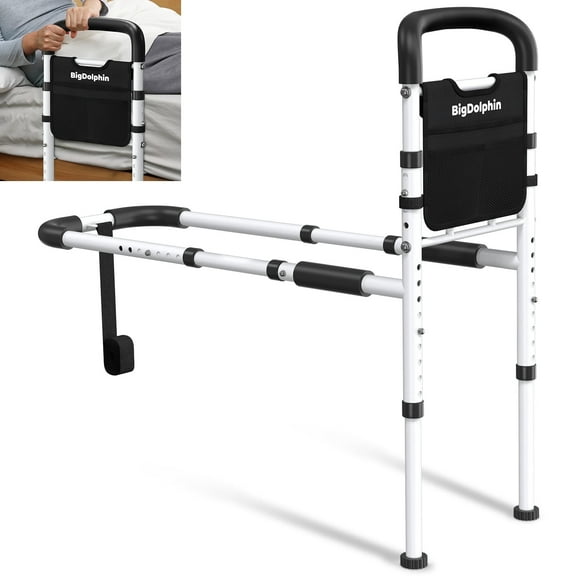 BigDolphin Bed Rails for Seniors - Adjustable Bed Cane Supports 350LBS with Non-Slip Grip & Storage Pocket, Stable Bed Rails for Elderly Adults Safety, Tool-Free