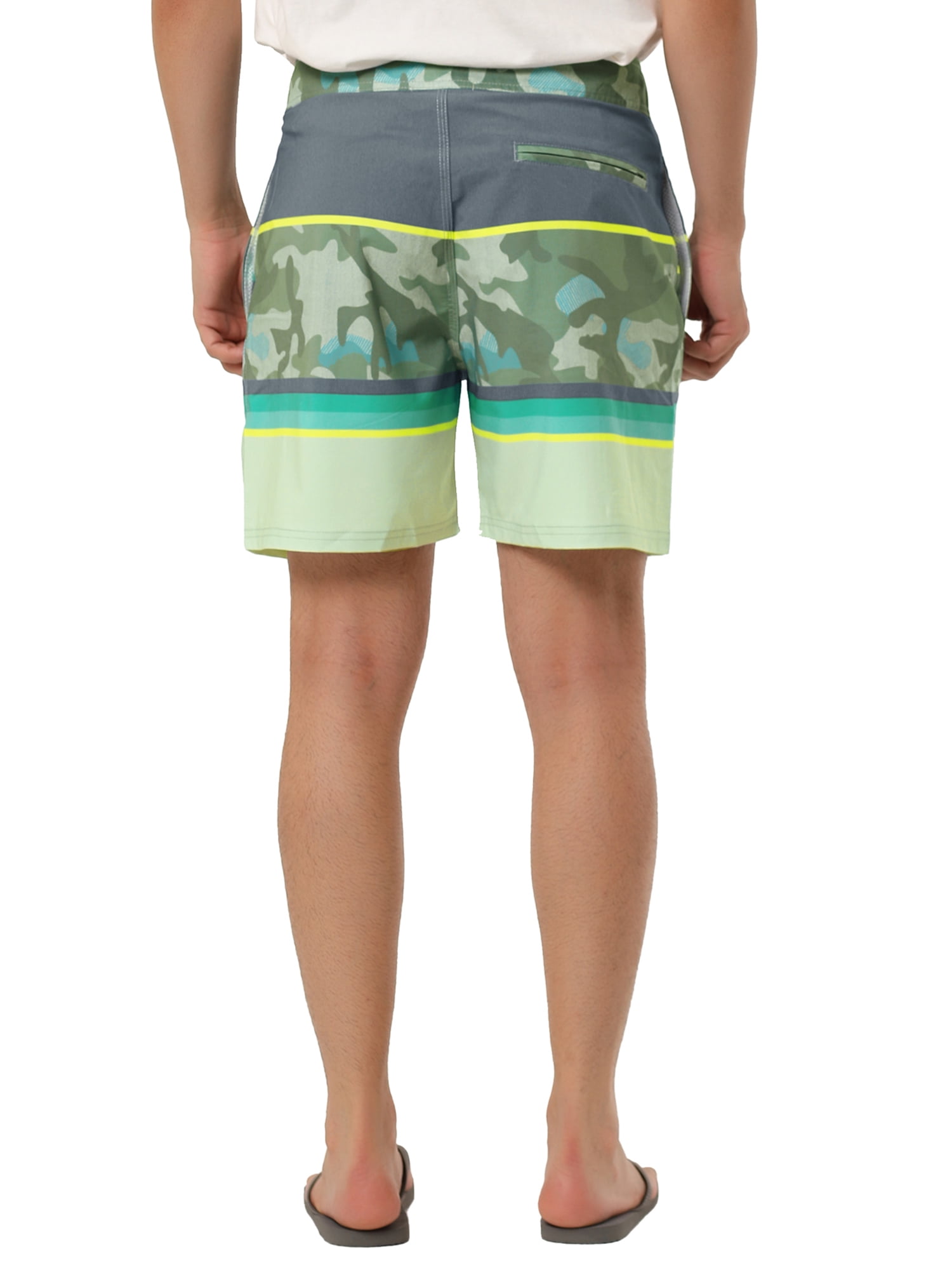 Unique Bargains Men's Summer Beach Drawstring Color Block Printed Swim Board Shorts 32 Beige Camo