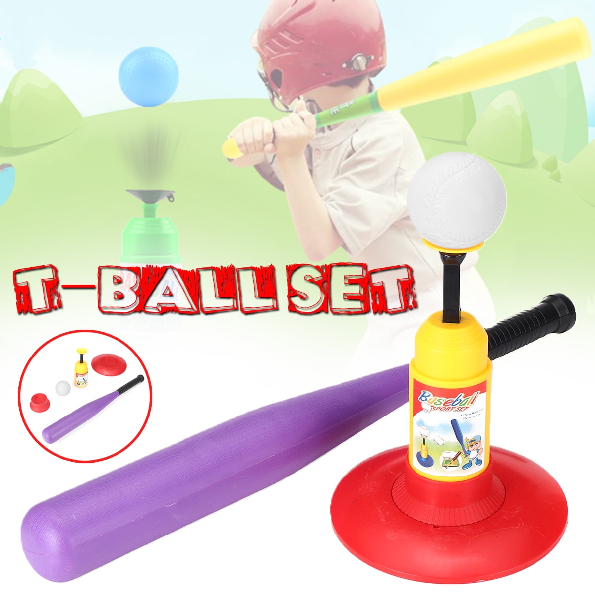 T-Ball Set, Baseball Tee Game Durable Plastic Toy Indoor Outdoor Learning Sports Play Set