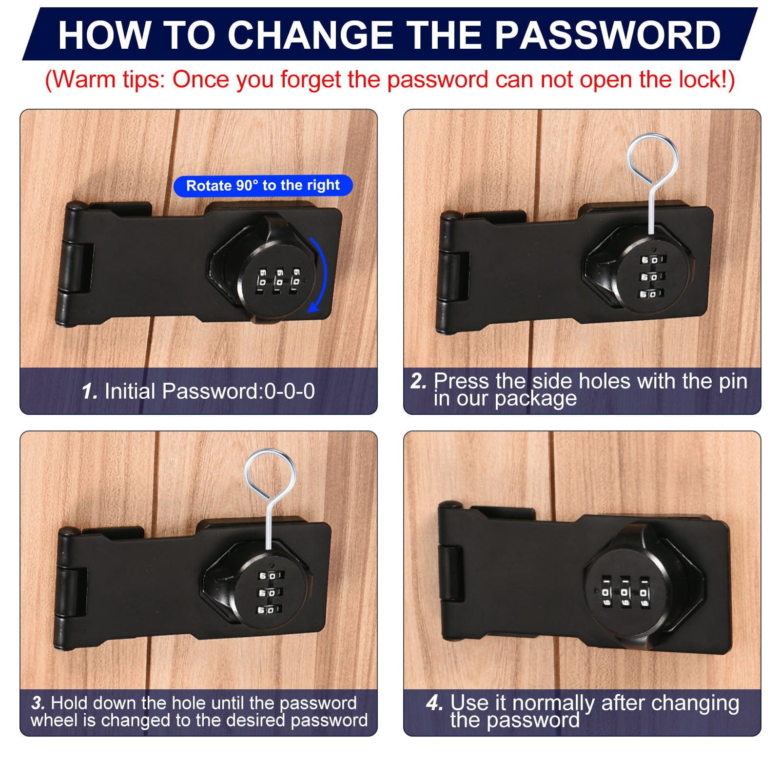 Household Cabinet Password Lock Hasp Lock Combination Latch with 3-Digit Password, Black 2 Pack