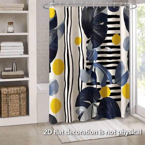 Hoease Dark Blue Leaf Stripe Polka Dot Abstract Shower Curtain, 71W x 71L Inch Waterproof Fabric Bathroom Curtain with 12 Hooks, Modern Geometric Bath Decor