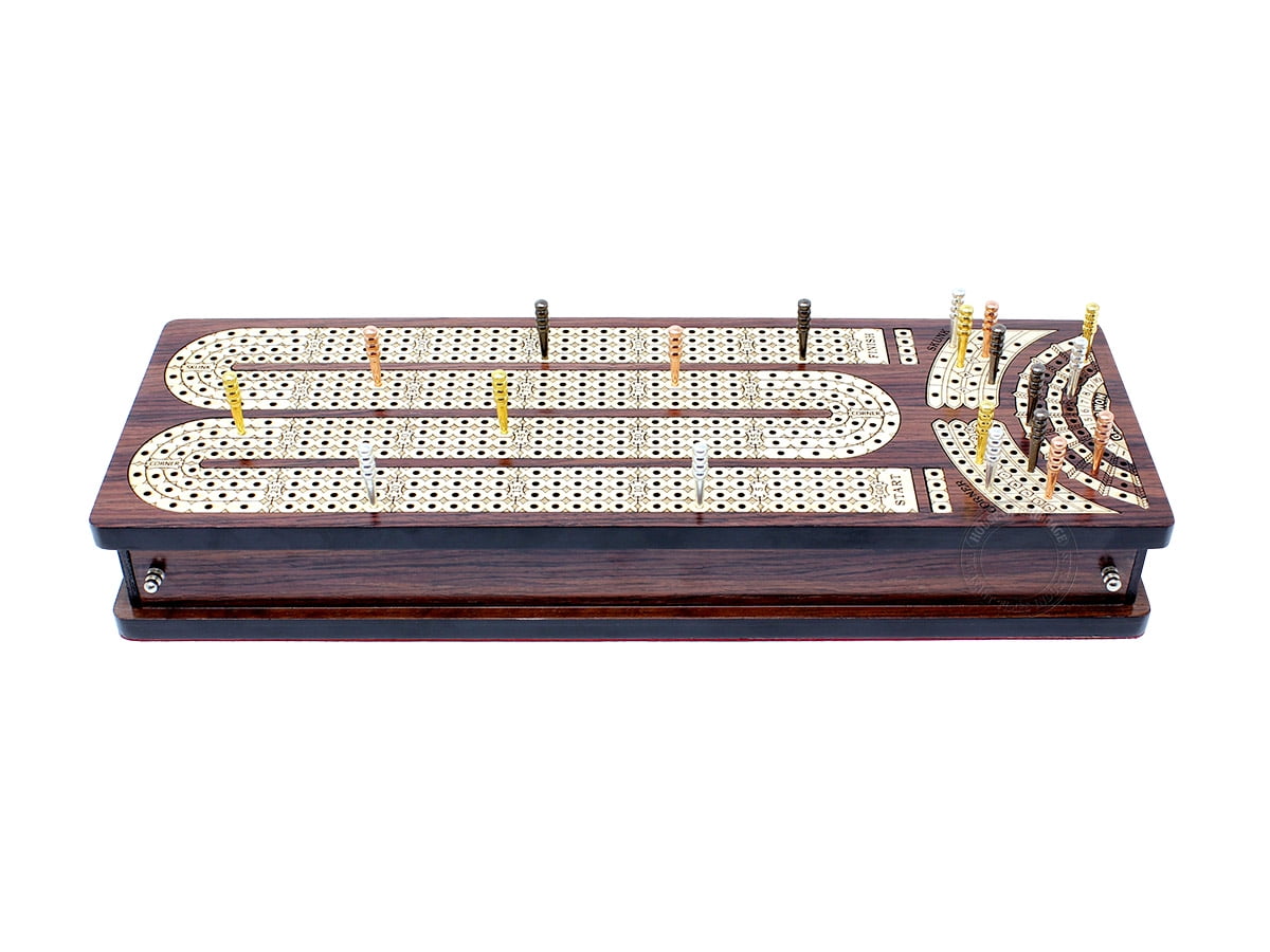 House of Cribbage - Continuous Cribbage Board / Box Inlaid Rosewood / Maple : 4 Track - Side Drawers with Score Marking Fields for Skunks, Corners and Won Games