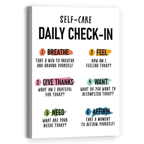 Self-Care Daily Check-in Canvas Wall Art poster Inspirational Mental Health Wall Decor for Therapy Office School Nursery Counselor Office Home