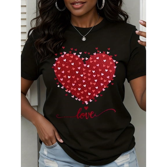 Red Pink Heart Pattern for Women Casual Short Sleeve Graphic T-Shirt