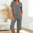 thumbnail image 2 of Women's Pajamas Set V Neck Short Sleeve Top and Capri Pants Lightweight Sleepwear Comfy Pjs Lounge Set Solid Casual Loungewear Wife'sPajamas Outfits Matching Sets 2026, 2 of 7