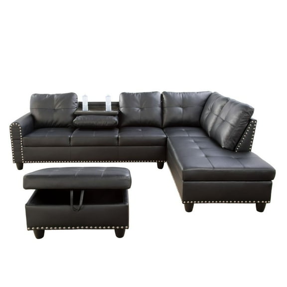 Bailu combination sofa set, living room L-shaped recliner, cup holder and left or right recliner, (C S O) black PU