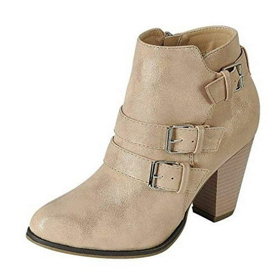 Forever Link Camila-64 Champagne Women's Buckle Strap Block Heel Ankle Booties (Champagne, 5)