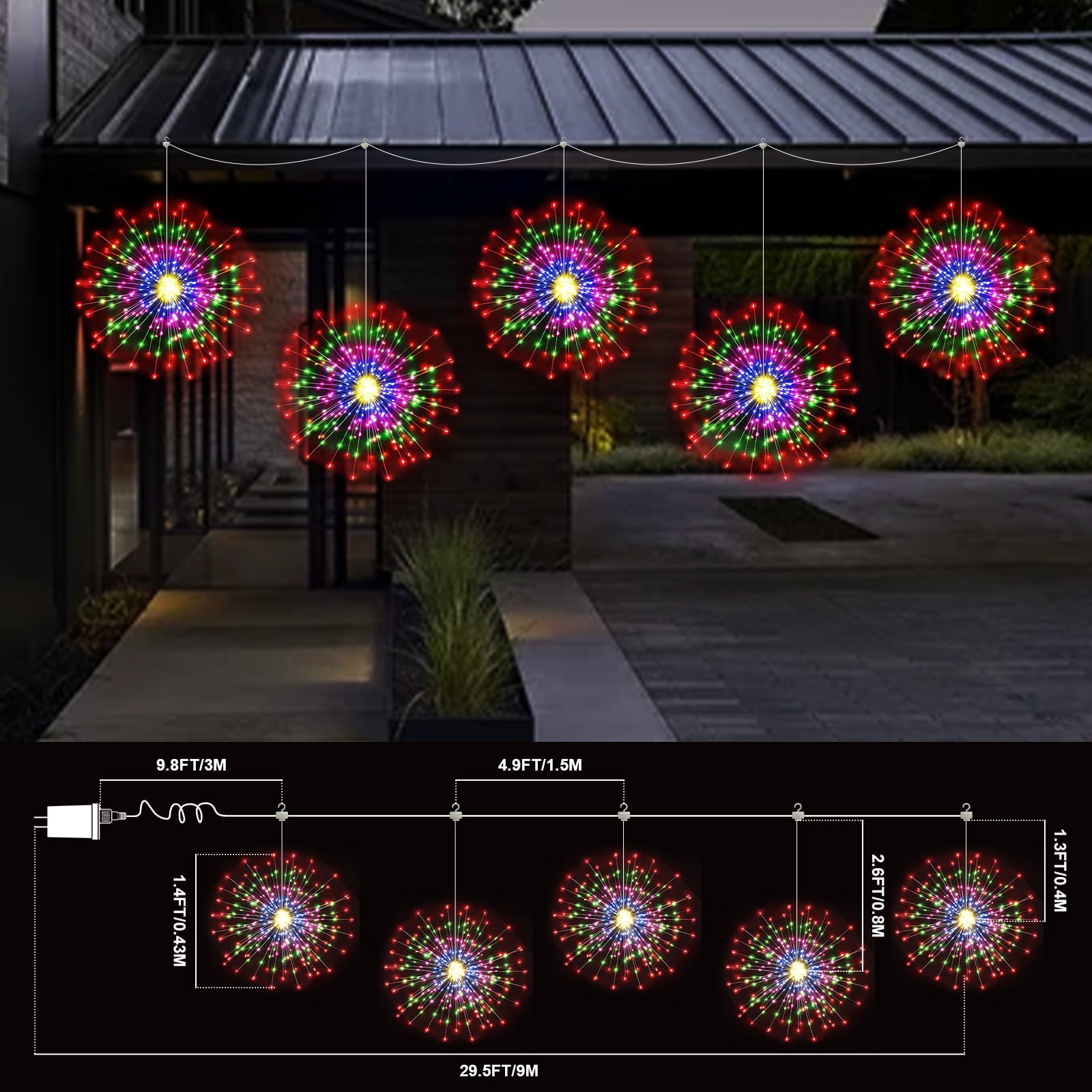 LED Starburst Firework Lights,5 Pack Outdoor String Lights - 1000 LED Hanging Bursting Star Lights, 16Modes Waterproof Copper Wire Christmas Decorative for Party, Patio, Garden (Multicolor)