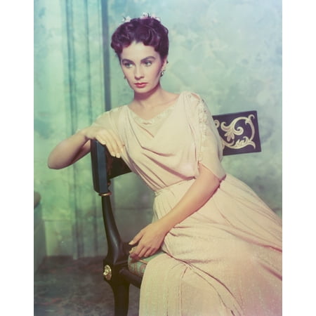 - Jean Simmons sitting on a Chair in Beige Short Sleeve Draped Silk Dress Photo Print