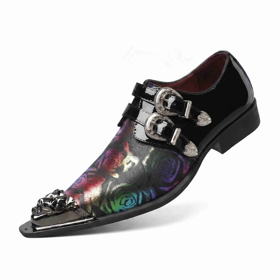 Men’s Floral Print Metal-Toe Slip-On Dress Shoes, Buckle Detail Formal Loafers for Events & Parties
