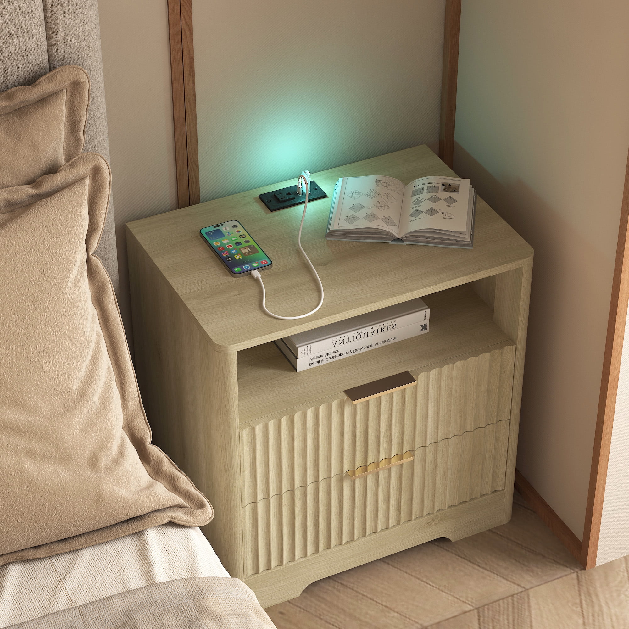 Aukfa Smart 2 Drawer Nightstand with Voice Control & Charging Station,7-Color LED Bedside Table for Bedroom,Natural