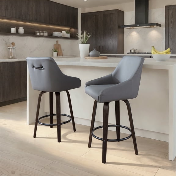 Hannah 26" Transitional Fixed-Height Counter Stool with Swivel in Walnut Glazed Wood and Dark Grey Faux Leather with Round Black Metal Footrest by LumiSource - Set of 2