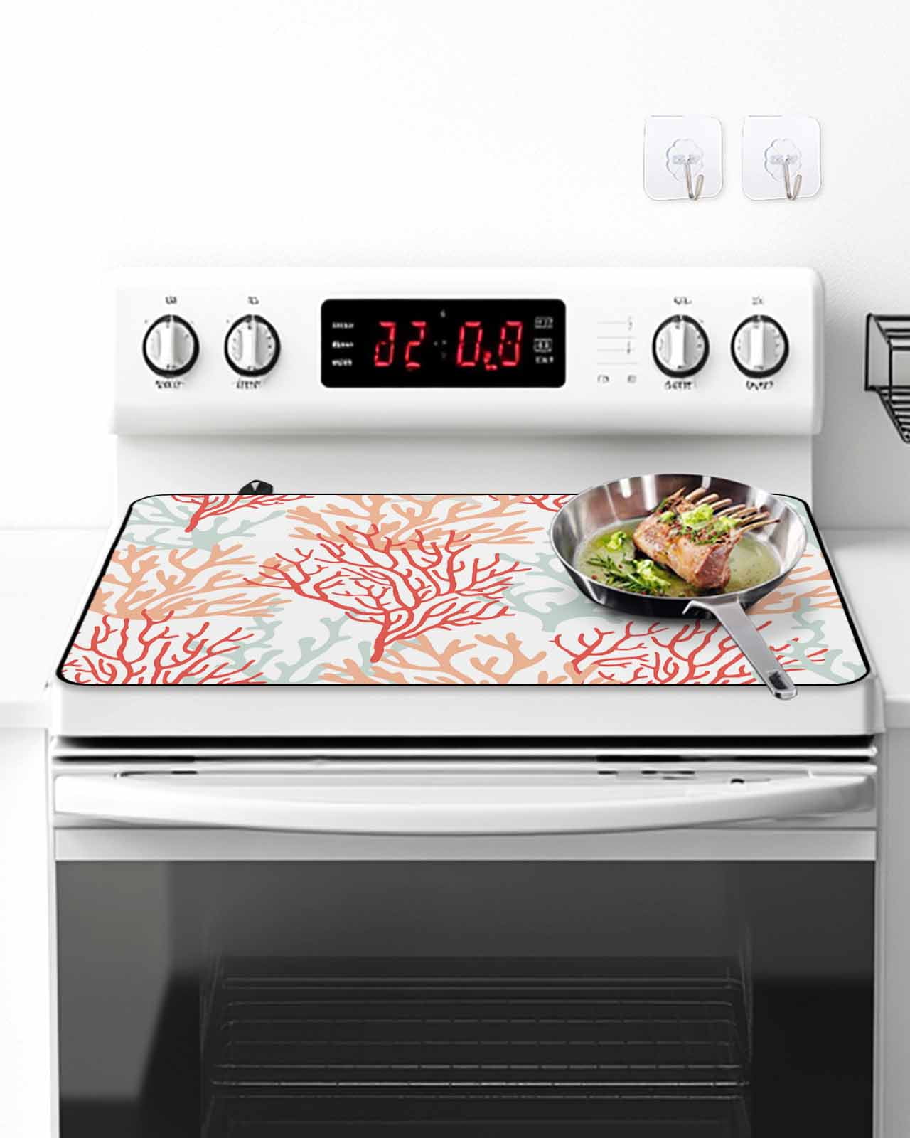 Stove Top Covers for Electric Stove, Red Orange Grey Coral Coastal Glass Stovetop Cover Protector, Summer Beach Seaside Nautical Induction Cooktop Protector Oven Mat for Kitchen Countertop 36"x21"