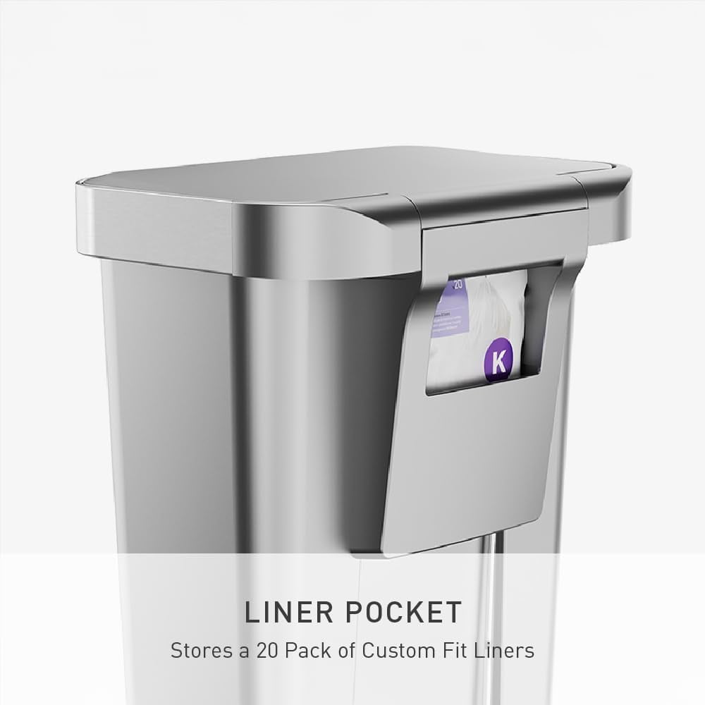 simplehuman 12 gal Plastic Rectangular Kitchen Step Trash Can With Liner Pocket, Alloy