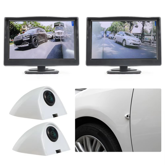 5inch TFT LCD Monitor Backup Camera System, Side View Camera Kit, Blind Spot Monitoring Camera for Car Bus Truck,2 x Car Monitor 2 x Backup Camera,White & Black