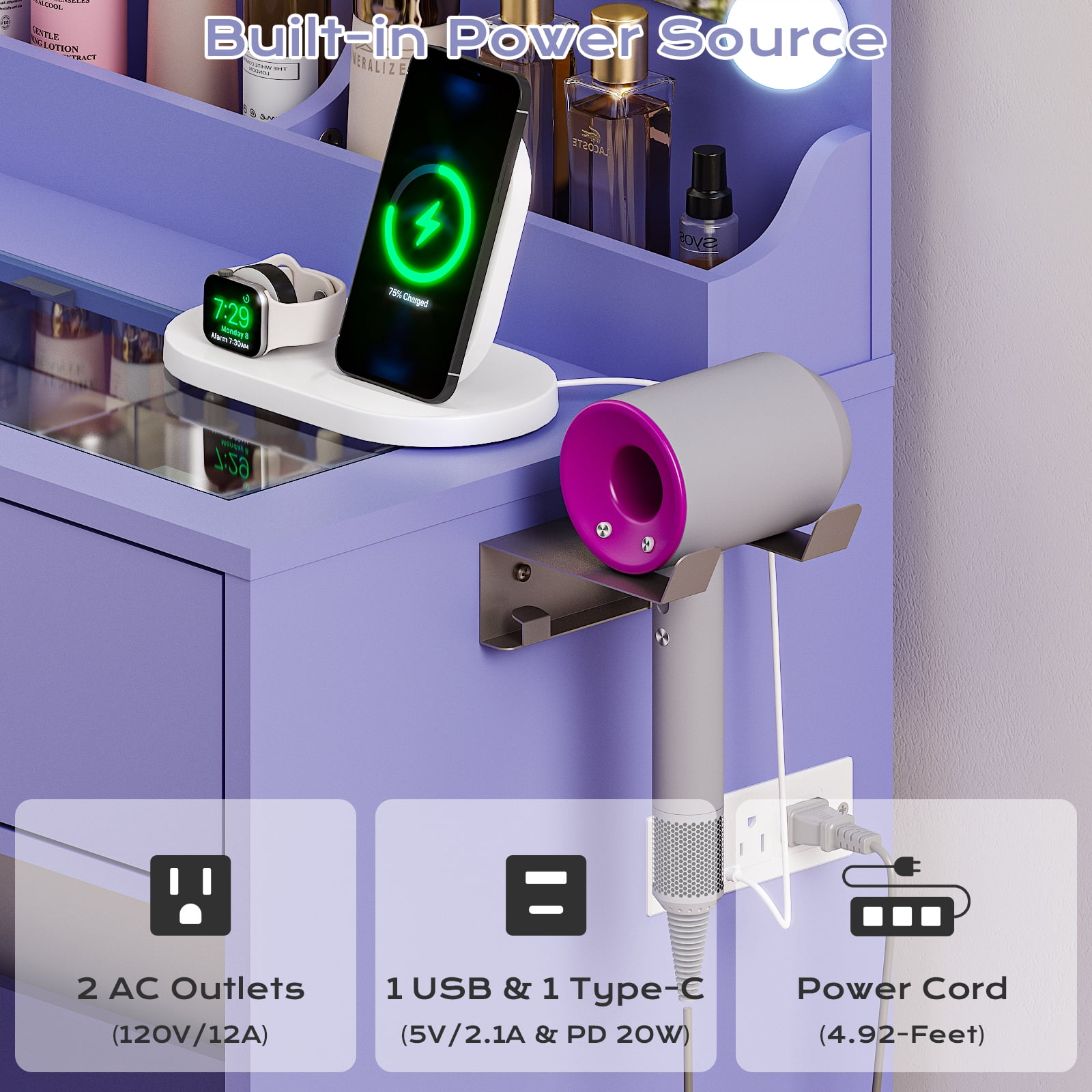 Ktaxon Get Ready with Me GRWM Makeup Vanity Desk with Lighted Mirror, Dressing Table W/Charging Station & Hair Dryer Rack,Sophia Purple