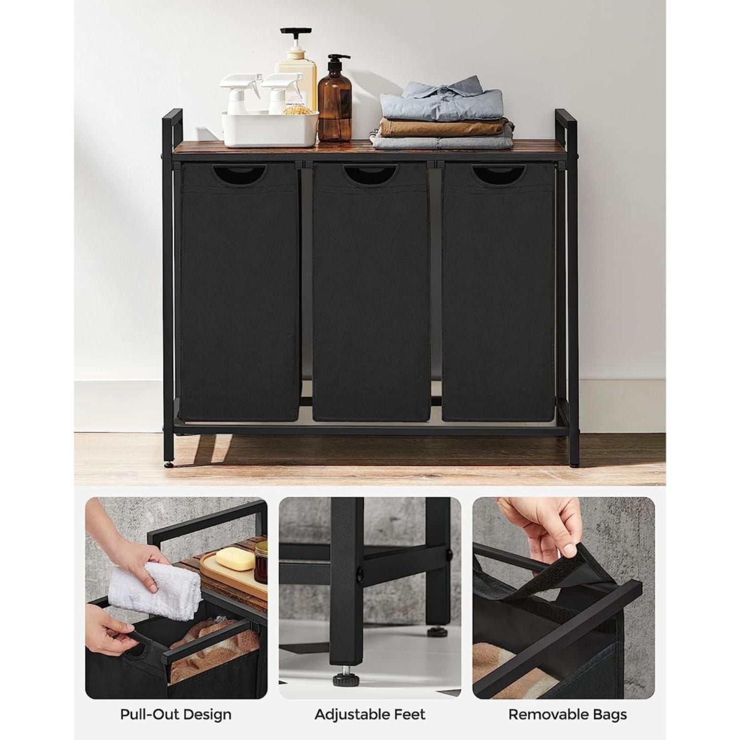 Panier à linge Boutique Home avec 3 sacs amovibles en marron rustique et noir