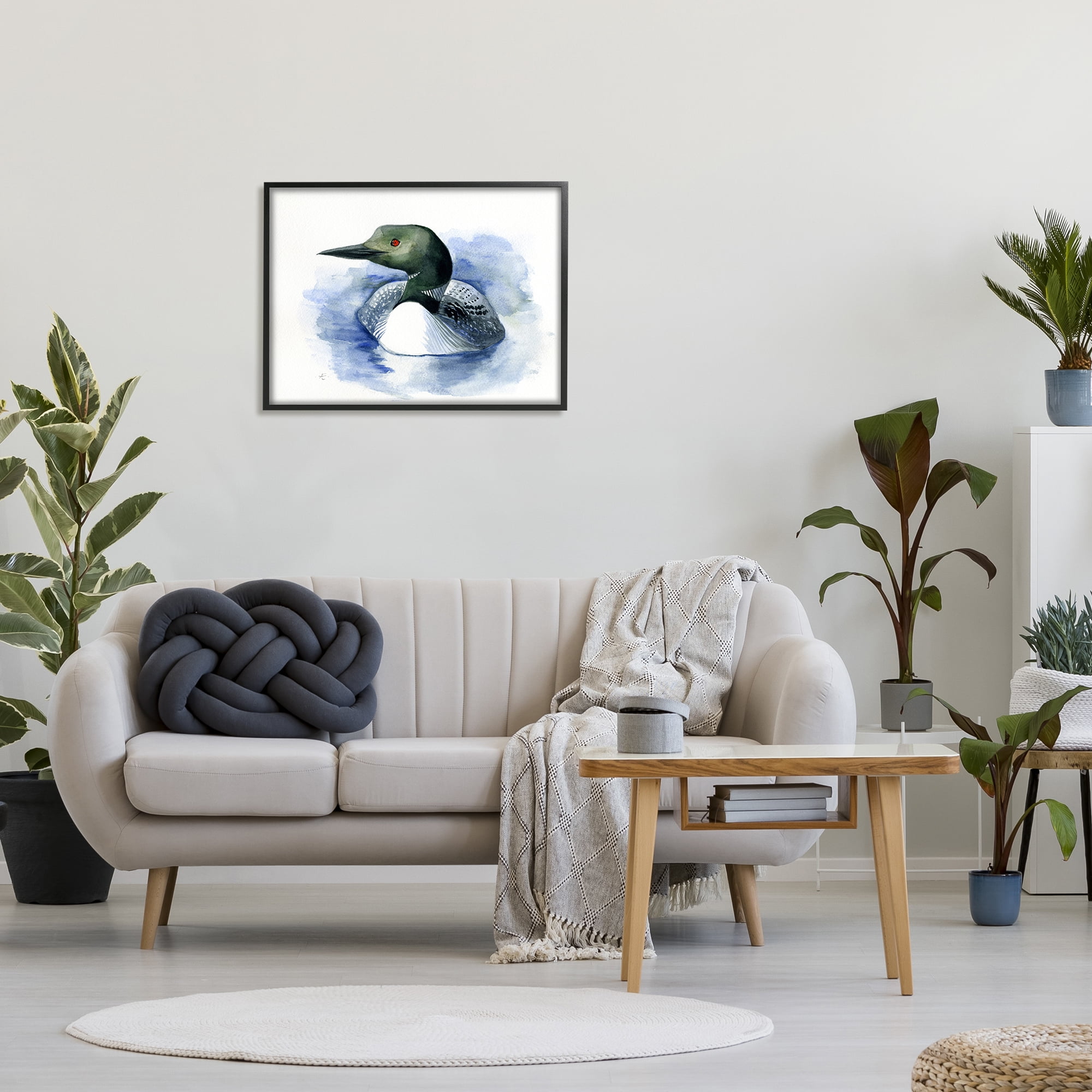 Stupell Industries Loon in Blue Lake Minimal Canadian Water Bird Animals & Insects Painting Black Framed Art Print Wall Art, 24 x 30