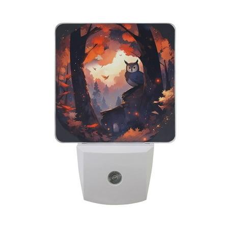 Owl in Autumn Forest Night Light 2 Pack LED Nightlight Plug into Wall Dusk to Dawn Sensor Soft White