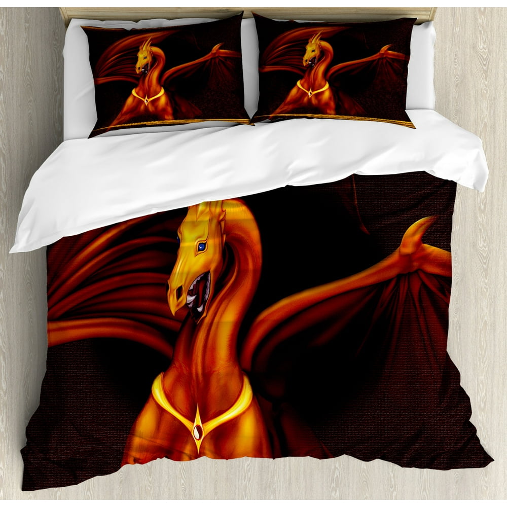 Dragon Duvet Cover Set, Legandary Tricorn Dragon on Dark Background Magical Wild Animal Picture