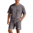 thumbnail image 3 of Mens Track Suits 2 Piece Set Short Sleeve Crew Neck Summer T Shirt And Drawstring Casual Track Shorts Sportswear Sets T Shirts Shorts Sets Fashion Retro Textured Sweatsuit Dark Gray Xl, 3 of 5