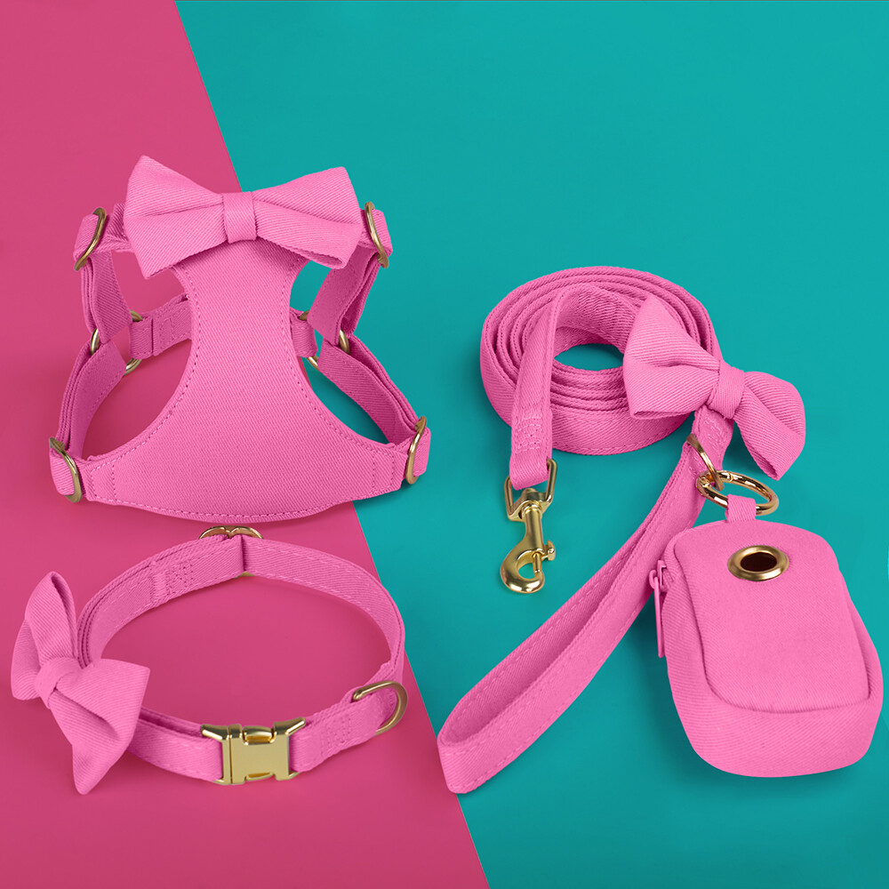 Pet Artist 4pcs Cute Bowtie Dog Harness and Collar and Leash and Poo Bag Holder Adjustable Pet Puppy Cat Vest