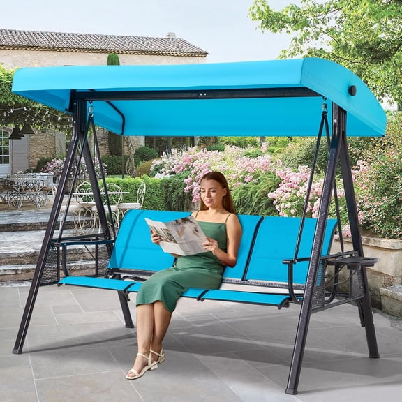 3 Seat Patio Swing, Outdoor Swing with Textilene Backrest & 2 Cup Holders,Outdoor Patio Swing with Adjustable Canopy for Backyard, Porch, Garden,Square Tube B (Lake Blue)