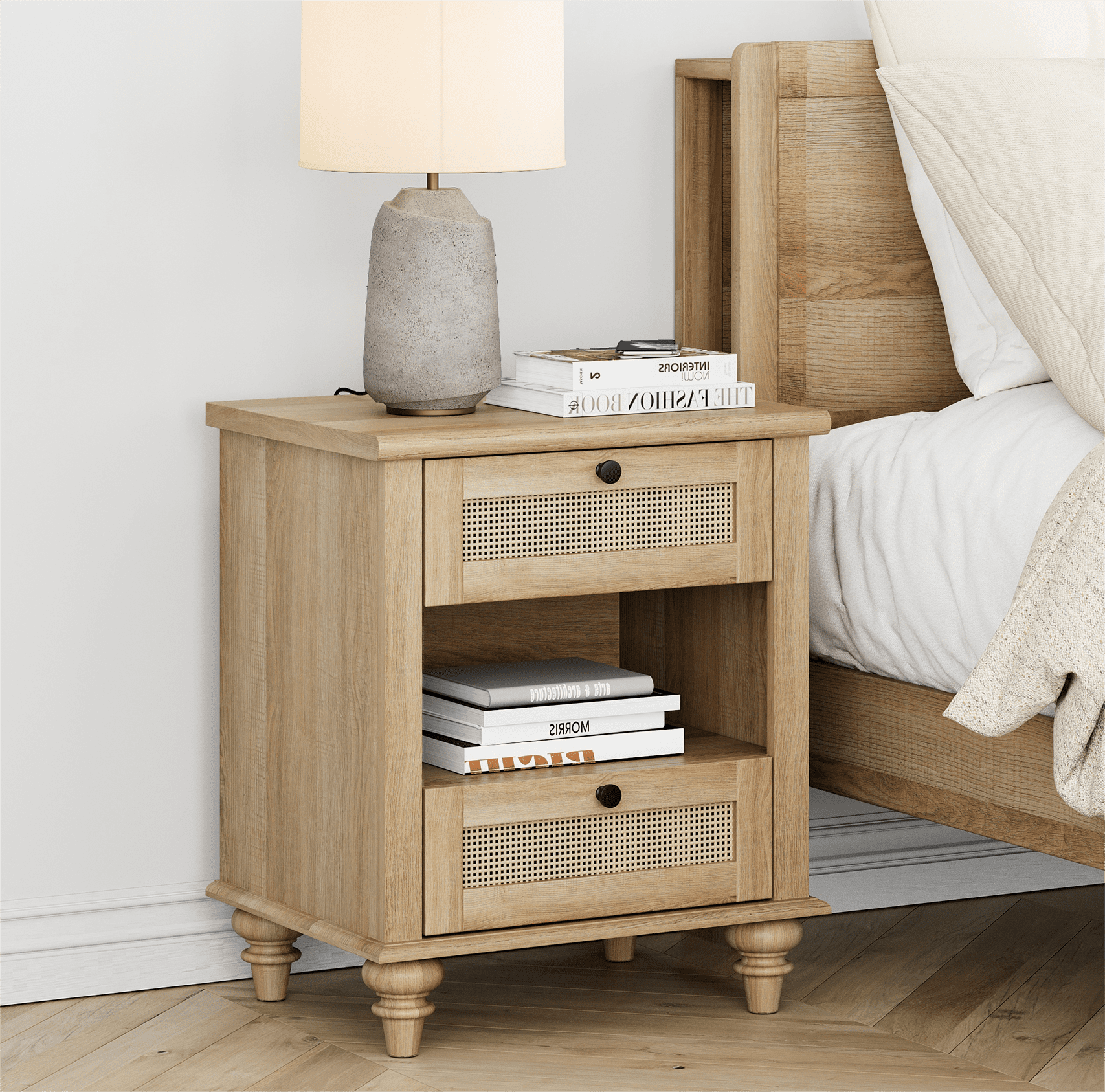 Rattan Nightstand with Charging Station, Farmhouse End Table with 2 Drawers & Open Cubby for Bedroom, Living Room, Light Rustic Oak