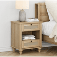 thumbnail image 7 of Accent Bedside Table with Charging Station, Light Oak Nightstand with Rattan Drawer & Shelf, 7 of 7