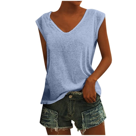 Moxiu Womens Running Shirts for Women Workout T-Shirt Casual Cap Sleeve Vest Blouse Solid Color Loose Fit Tank Tops 2025 Basic Tees Blue,L