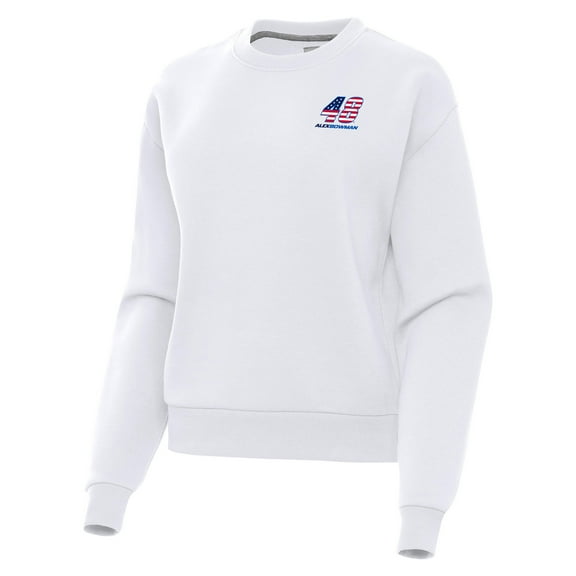 Women's-Antigua  White Alex Bowman Victory Crewneck Pullover Sweatshirt