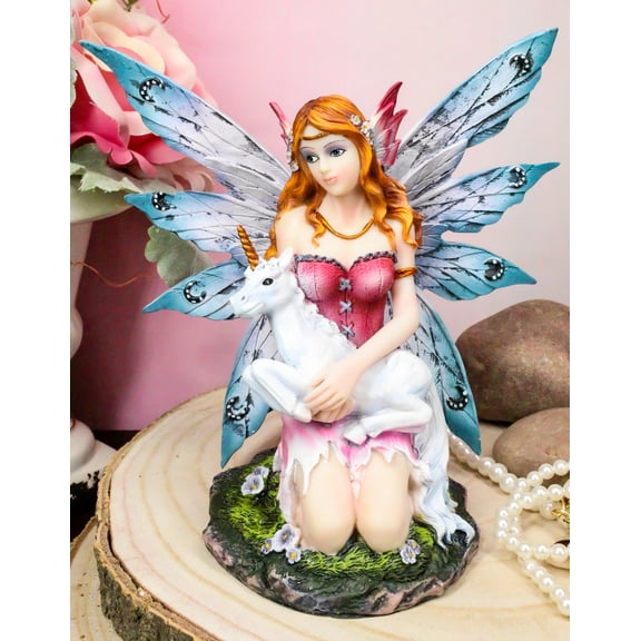 Enchanted Forest Lavender Fairy With Baby Unicorn Figurine Myths Legends Accent