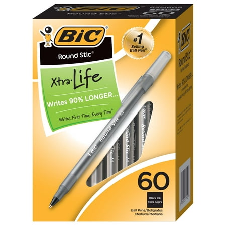 BIC Round Stic Xtra Life Ball Pen, Medium Point (1.0mm), Black, 60