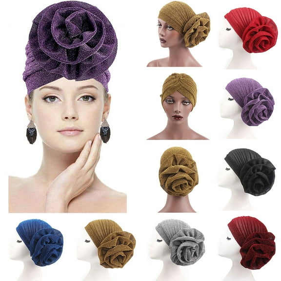 Visland Women Elastic Glitter Big Flower Turban Chemo Beanie Hair Loss Chemo Cap Hat Headwear Muslim Hijab
