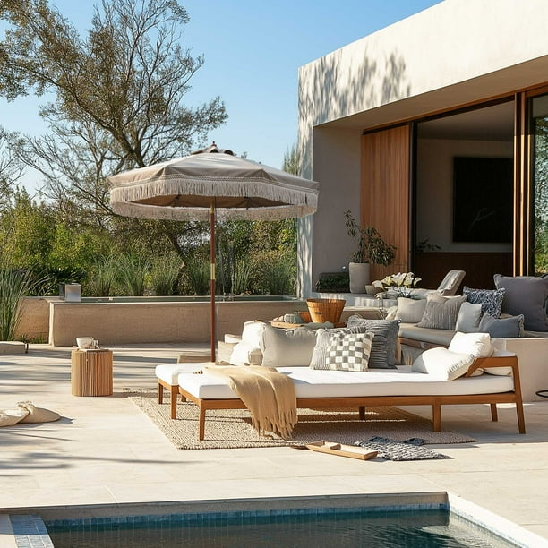 bohemian style patio umbrella Boho Wooden Beige Twisted Fringe 7ft BH7-01P UV protection is provided through a durable 180G polyester canopy that is made to diffuse sunlight 9ft Boho Patio Umbrella Fringe