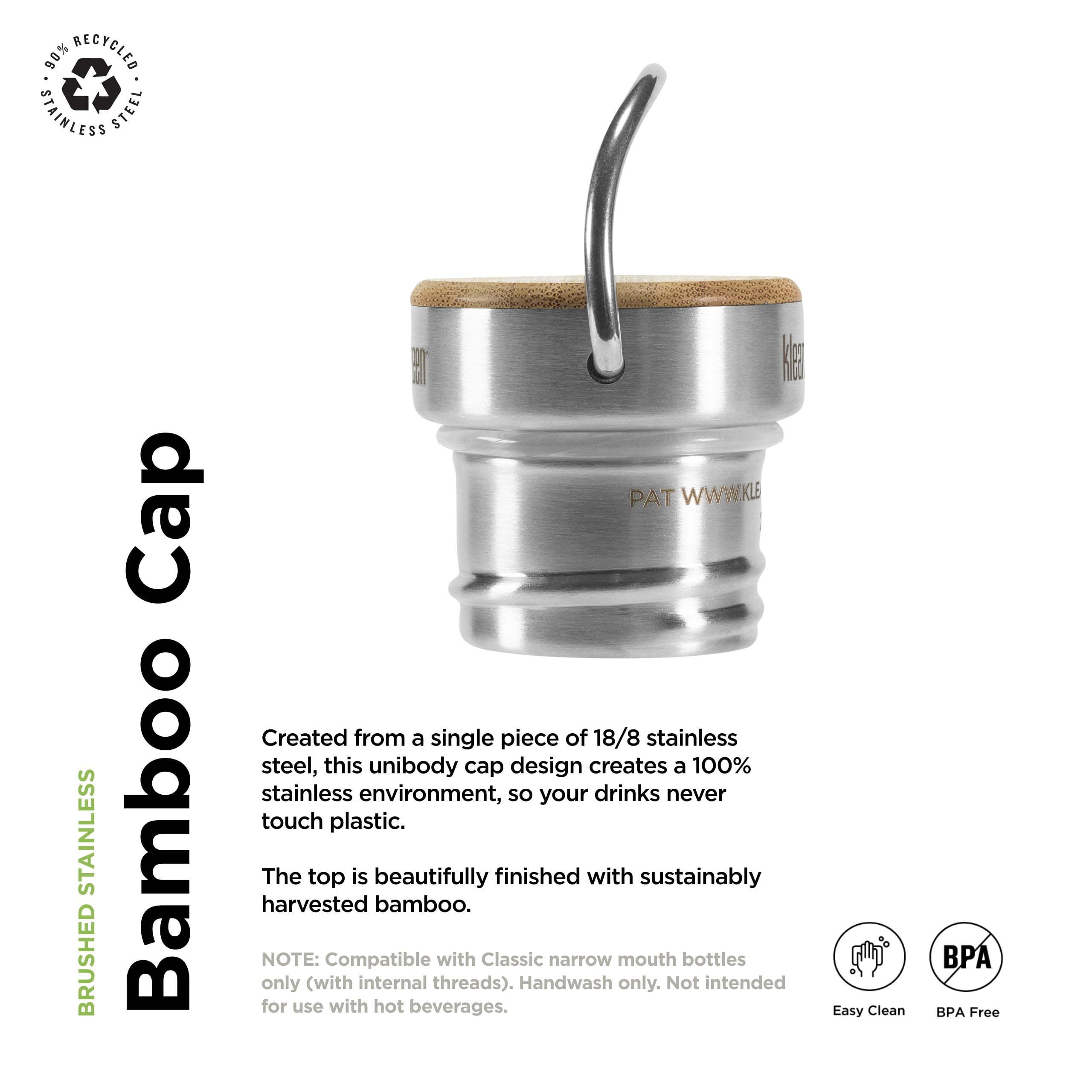 Klean Kanteen Bamboo Cap - Leak-Proof, Stainless Steel Water Bottle Lid for  Classic Klean Kanteens - Brushed Stainless Steel - Walmart.com