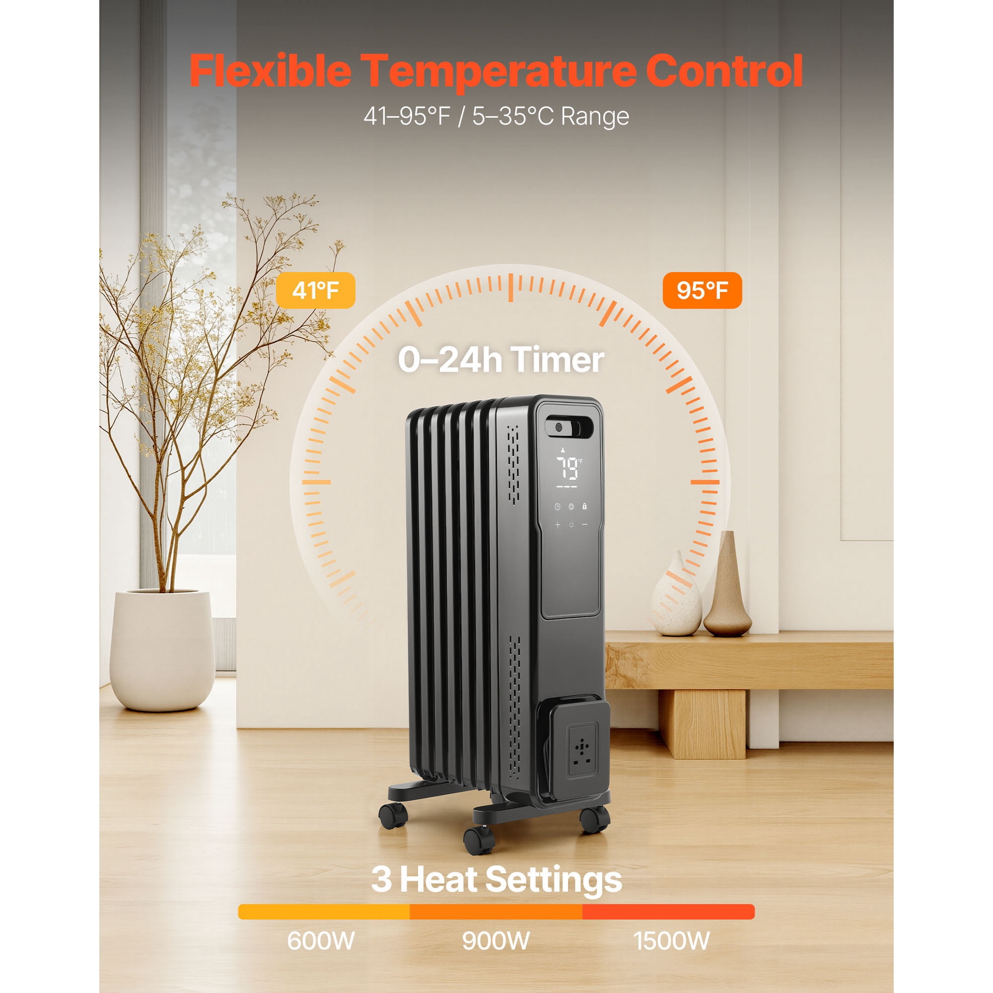 KFFKFF Electric Oil-Filled Radiator, 1500W Space Heater with Dual U-Shaped Heating Elements, Safety Features, Adjustable Heat Levels, 24-Hour Timer, Wheels for Mobility, Remote Control, Black