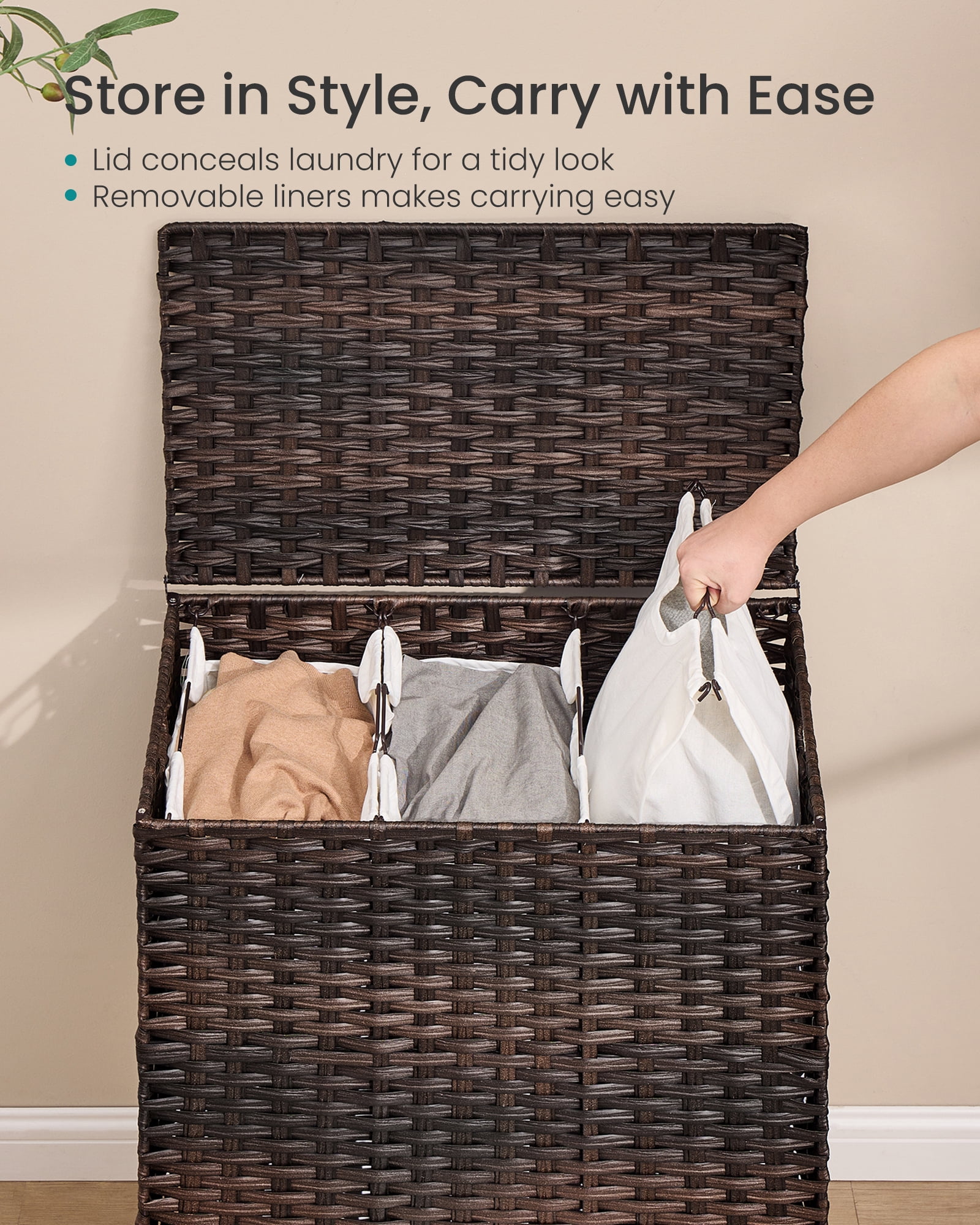 SONGMICS Laundry Hamper with Lid, PE Rattan Laundry Basket with Removable Liner, 3-Section Sorter, 42.2 Gallons (160 L), Chestnut Brown