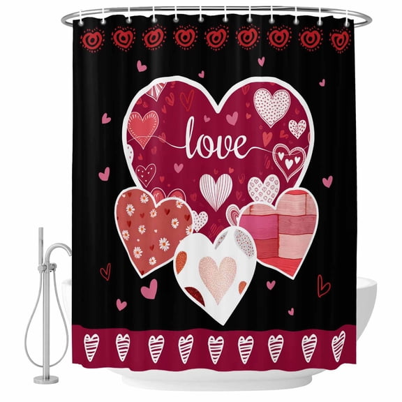 Black Valentines Day Shower Curtain Set - Standard 72" x 72" Washable Bathtub Curtain with 12 Hooks, Love Hearts Romantic Farmhouse Waterproof Fabric Stall Shower Curtains for Bathroom/Bathtub Décor