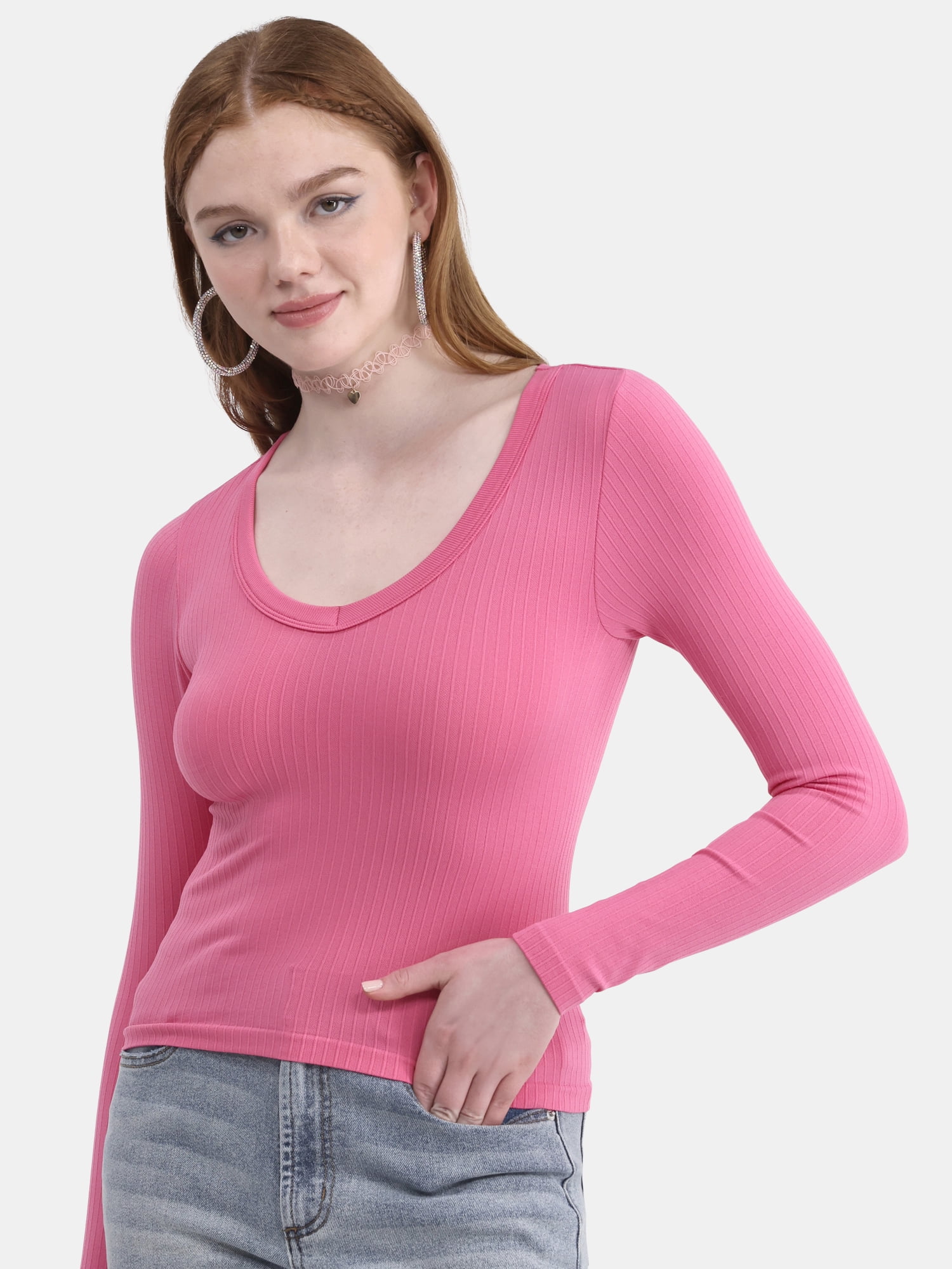No Boundaries Women's Seamless V-Neck Ribbed Long Sleeve Slim Fit