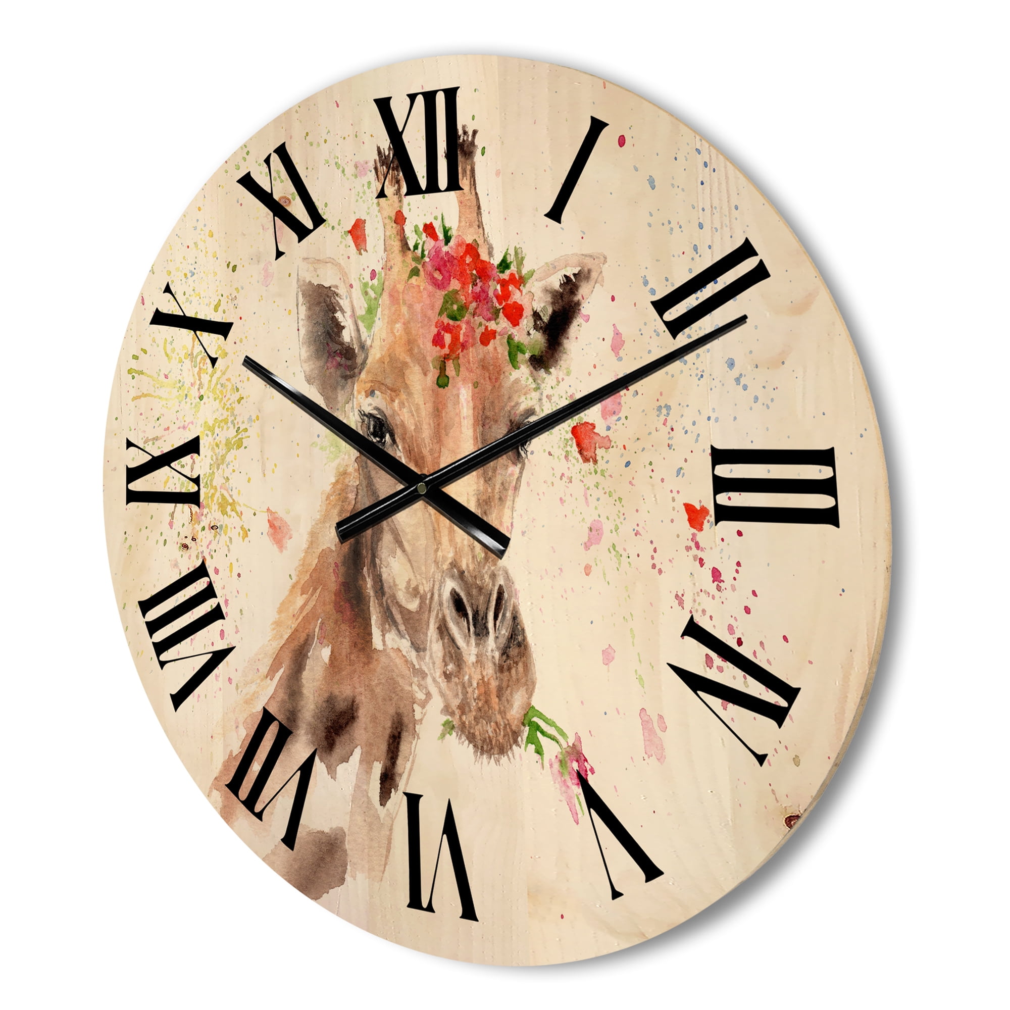 Designart 'Portrait of A Giraffe With Red Flowers II' Farmhouse Wood Wall Clock