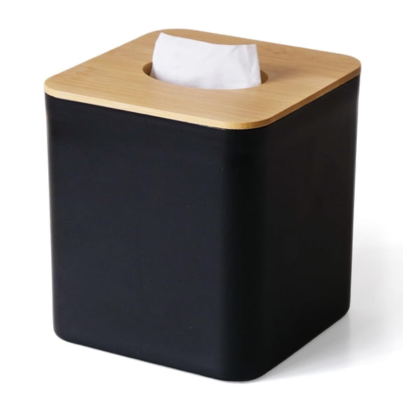 Square Cube Tissue Box Cover Holder with Bamboo Cover Plate, Decorative for Desk Accessories, Bathrooms Bedrooms