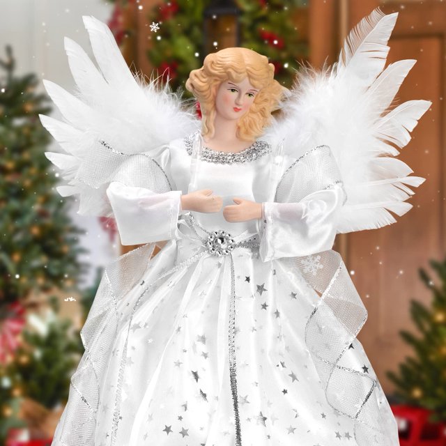 Decoración para árbol de Navidad con forma de ángel iluminado, blanco, 32 cm, LHMTQVK