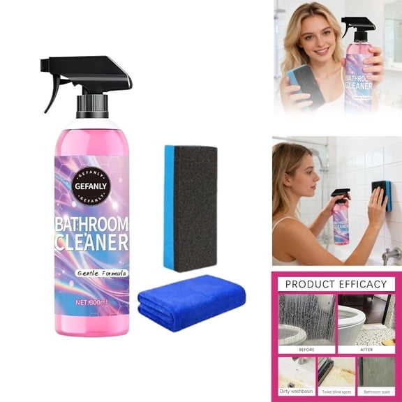 Gefanly Bathroom Cleaner, 1Pcs Powerful Pink Bathroom Cleaner Spray, All-Surface Bathrooms Descaler Foam Cleaners for Tub Floor Tile Glass & Bathtub (with Sponge&Towel)