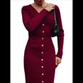 thumbnail image 1 of Vestido Midi de Punto Acanalado para Mujer, Estilo Informal, Cuello en V, Larga, Ajustado, para Otoño de 2025 Vino Tinto L, 1 of 9
